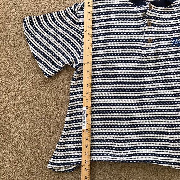Guess Women's Medium BlueWhite Waffle Knit Henley Pullover Wide Short Sleeve Top - Picture 2 of 9